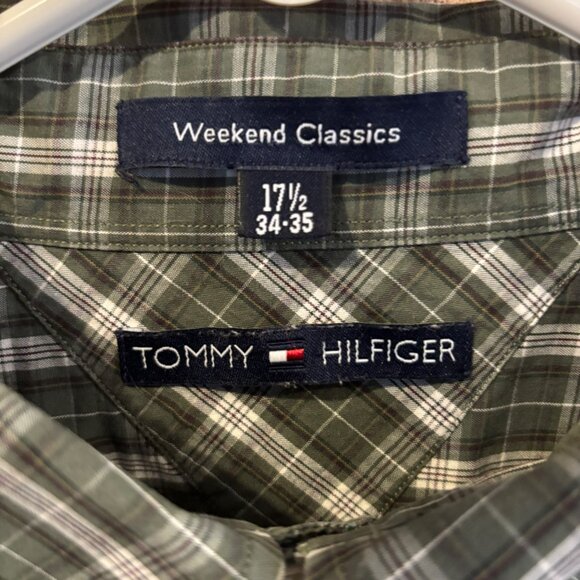 Tommy Hilfiger Mens Weekend Classics Green Plaid Button-Down Shirt Sz 17.5 Y2K - Picture 2 of 6